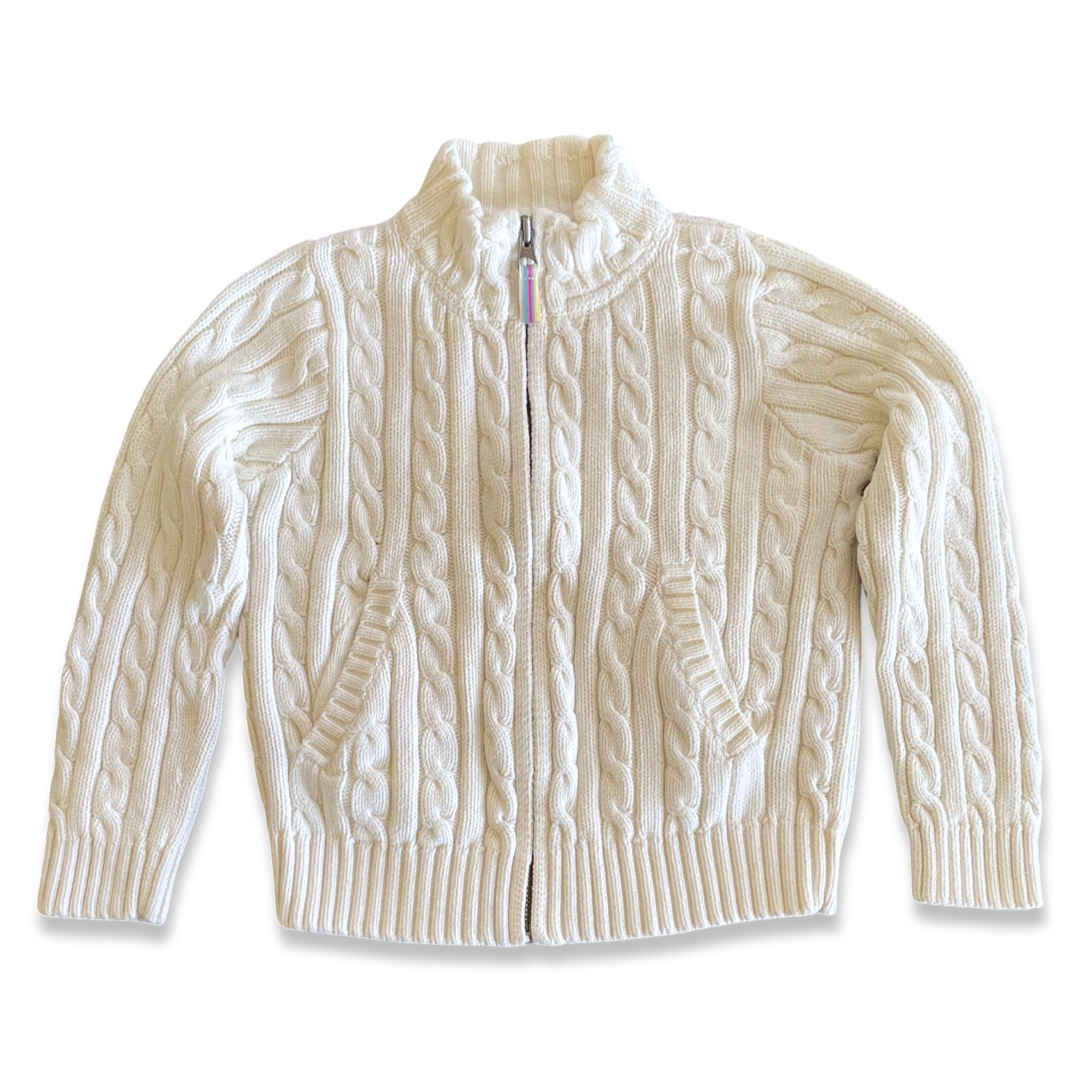 L.L. Bean White Cable Knit Zipper Cardigan Sweater - 5-6 youth