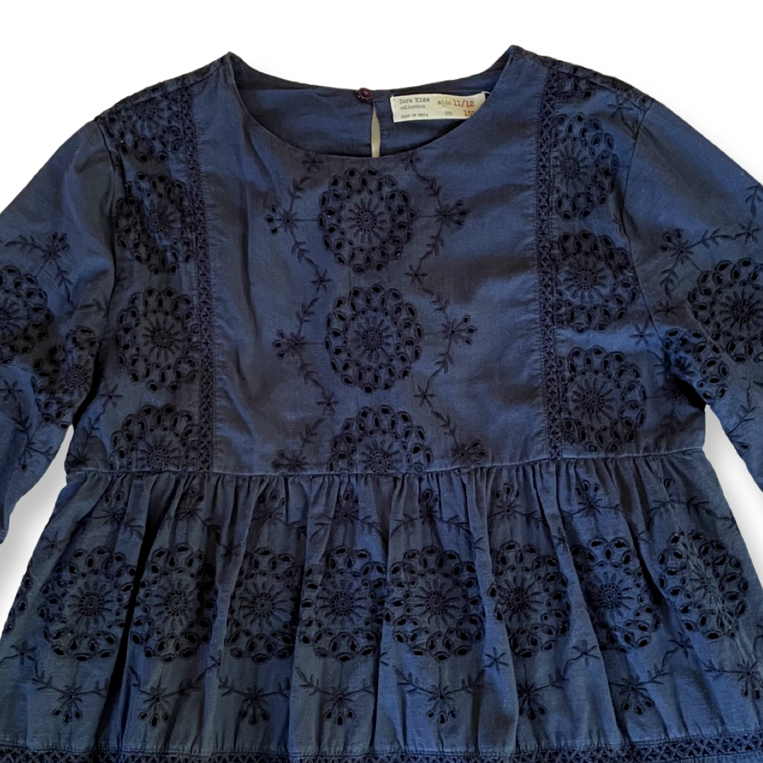 Zara Kids Navy Embroidered Eyelet Dress - 11-12 youth